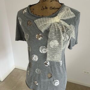 RED Valentino Gray Tee with Ivory Lace Bow and Dots